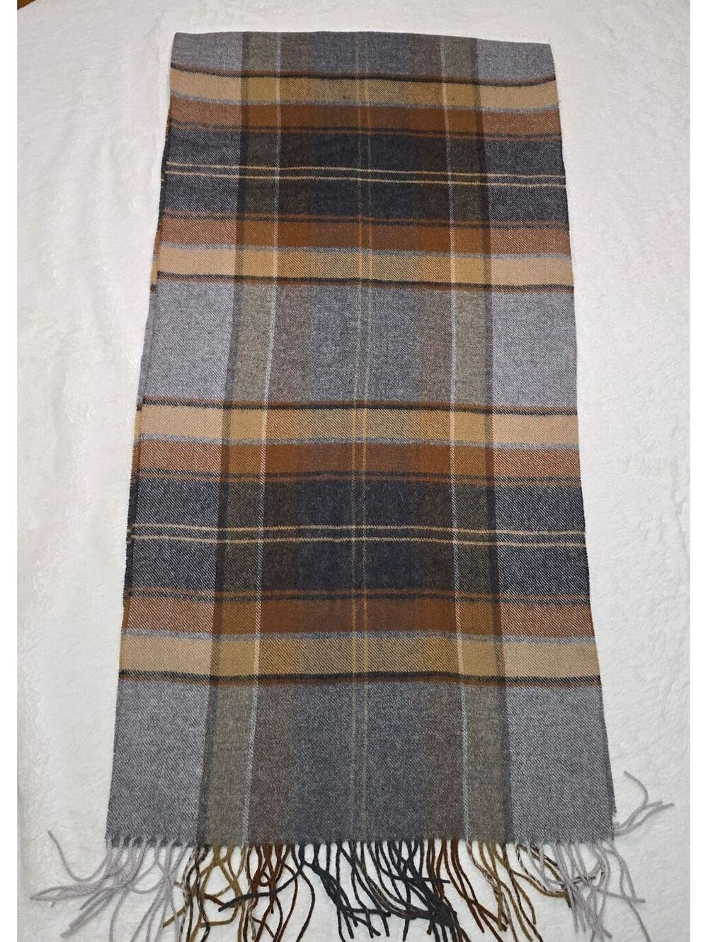 Saks Fifth Avenue Vintage Tartan Plaid Scarf Fringe Gray Tan Brown  Dense Wool